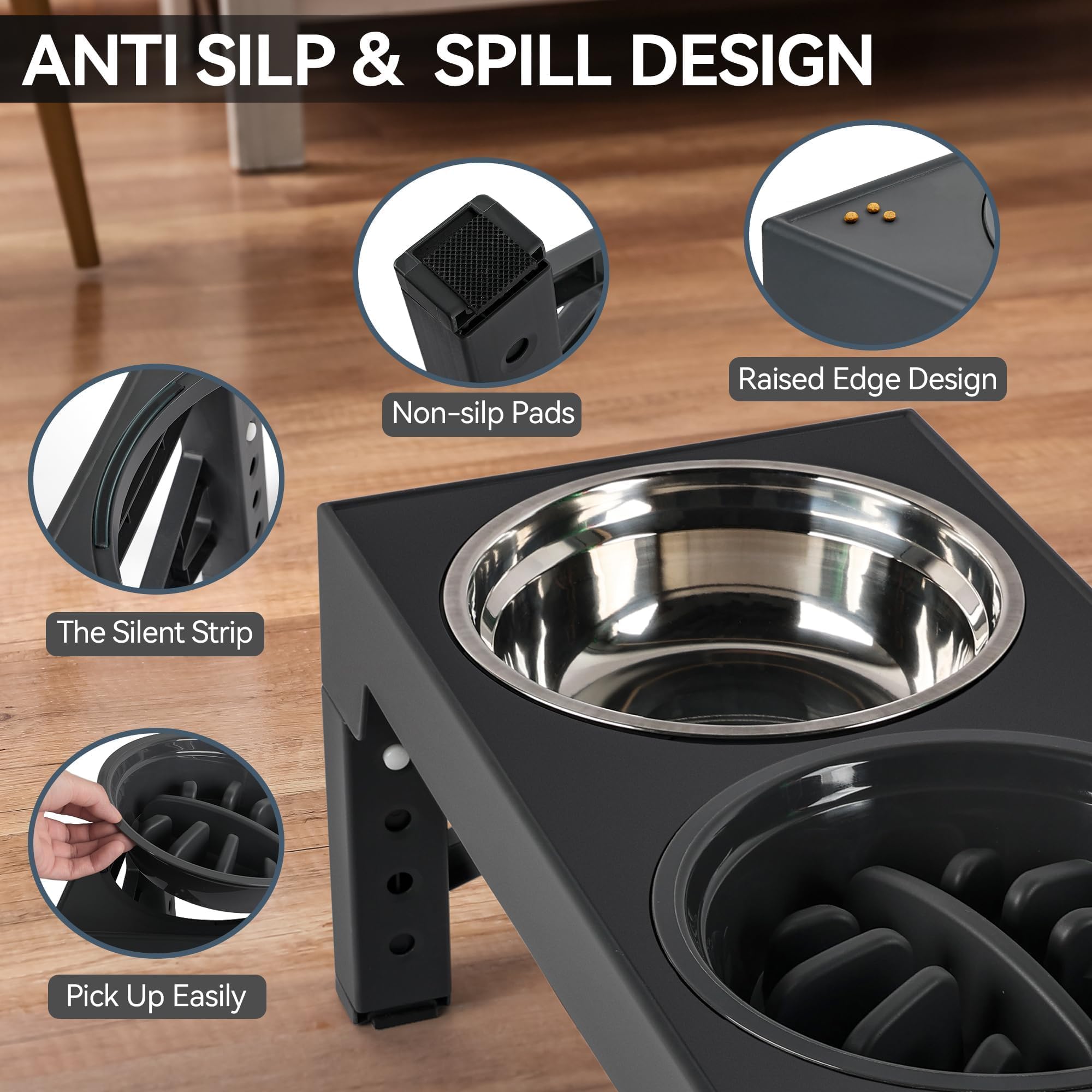 Elevated Dog Bowls, Raised Dog Bowl With Slow Feeder Bowl & Stainless Steel Bowls, 5 Heights Adjustable Dog Feeding Bowl Stand For Small Medium Large Dogs, Food Dishes With Non-Slip Feet photo 2