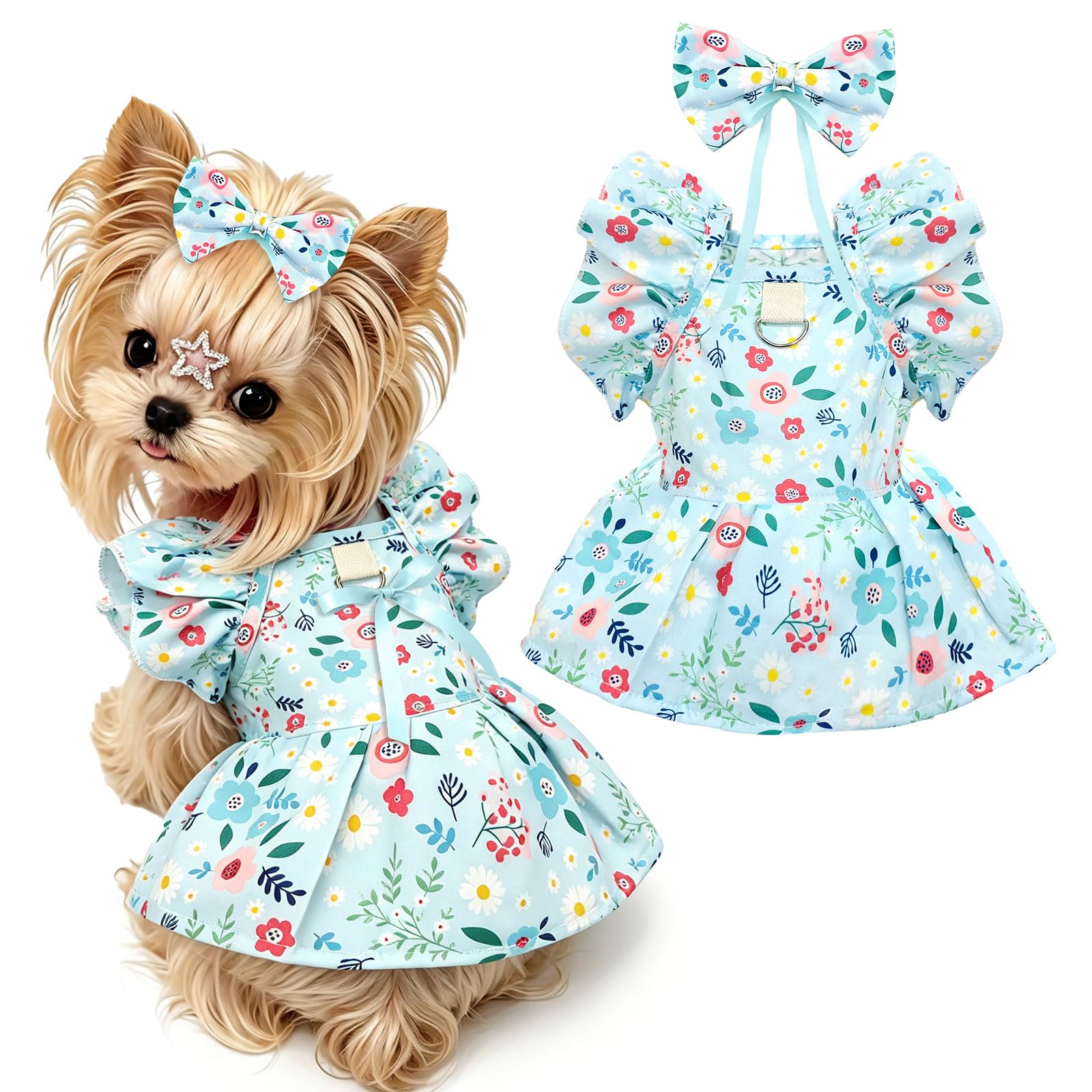 Cute Floral Small Dog Cat Harness Dress Outfits With Bow & Leash D-Ring,Soft Breathable Summer Ruffle Puppy Clothes Girl,3-Way Styling Female Dog Clothes For Chihuahua Yorkie Maltese photo 5