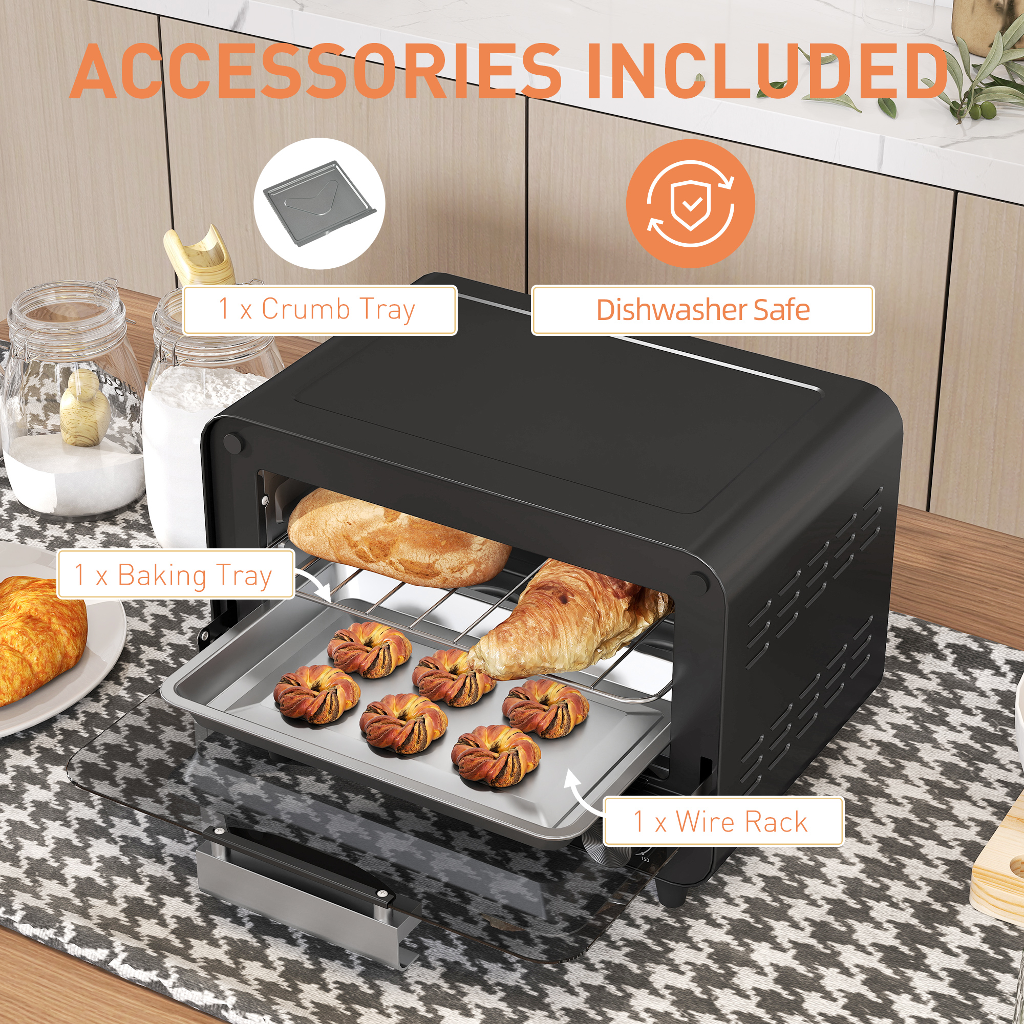 Small Toaster Oven, 12L Multifunction Mini Countertop Oven With Glass Door, Adjustable Temperature And Timer, Black photo 2