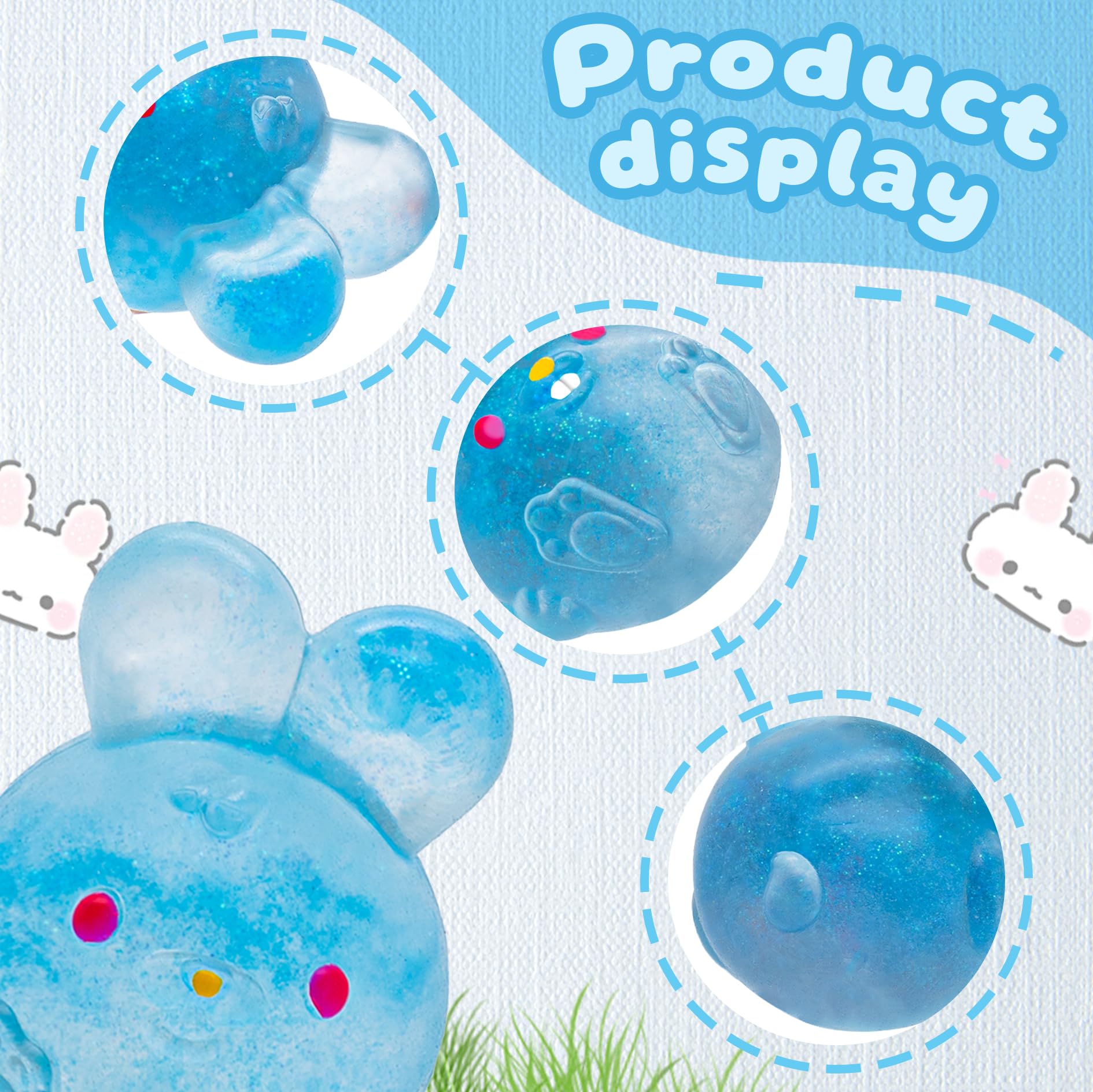 Stress Relief Blue Glitter Bunny Squeeze Toy - Jelly Hops Sensory Squishy Fidget Toy, Anxiety Calming Soft Jelly Ball For Kids & Adults photo 6