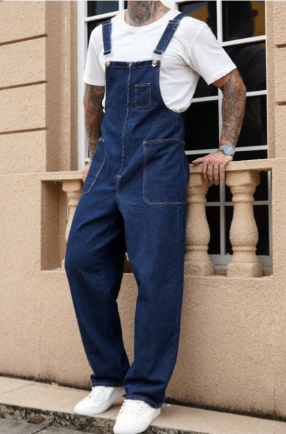 US Ready Stock Mens Denim Overalls Dark Blue Loose Fit Straight Leg Bib Overalls Casual Workwear For Men photo 6