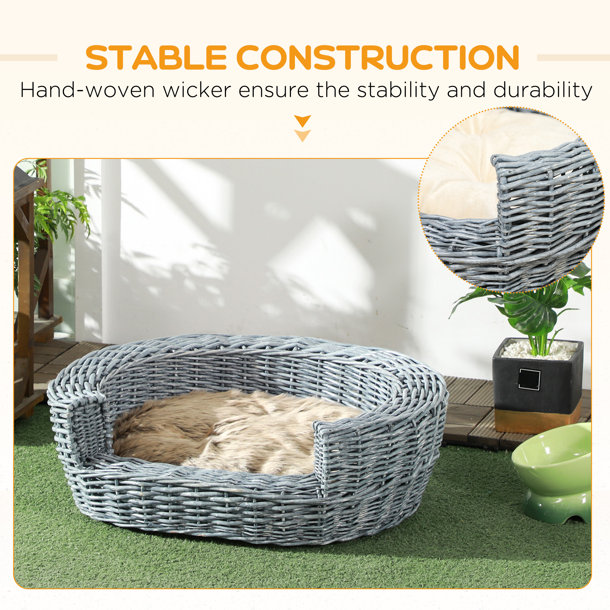 PawHut Wicker Pet Bed Willow Dog Cat Sofa Couch Puppy Basket With Cushion Grey 57L X 46W X 17.5H Cm photo 1