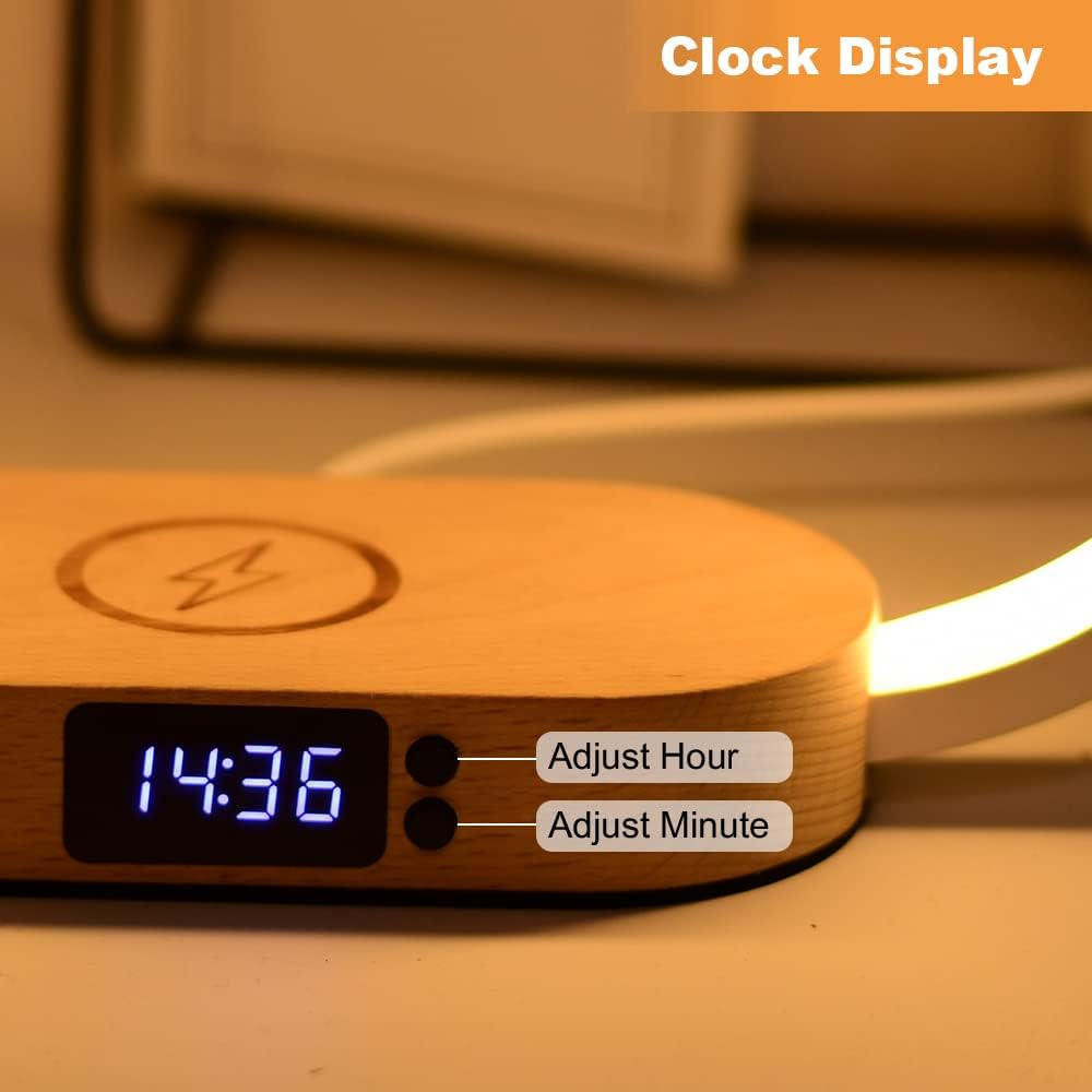 Donewin Bedside Lamp With Wireless Charger,Wooden Table Lamp With Charging Station,Touch Nightstand Lamp With Clock,3 Color Stepless Dimming Touch Lamp For Bedroom,Unique Gifts For Women photo 2