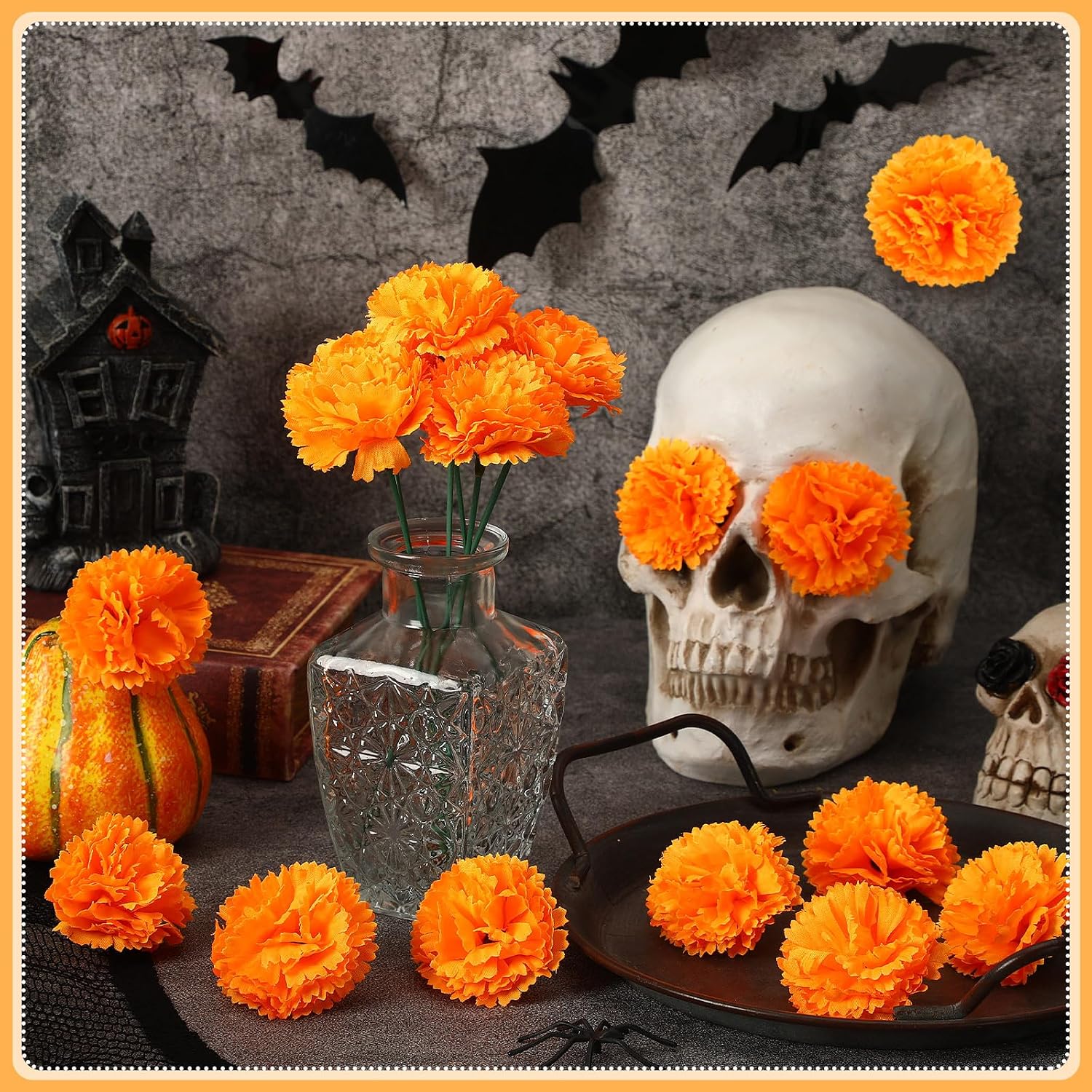 Artificial Marigold Flower Heads 30 Units, Orange Faux Flowers For Wreaths, Garlands, DIY Crafts, Halloween And Home Decor photo 5