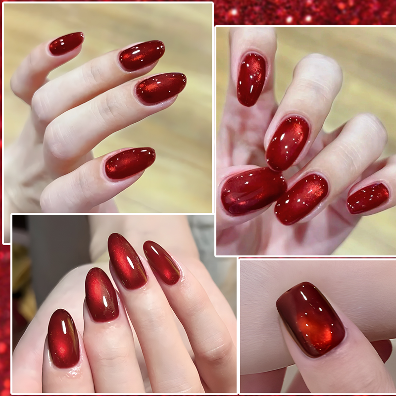 Ms Rainbow Starry Series Cherry Red Magnetic Cat Eye Gel Polish 10ml, Glossy Crystal Red Shimmer Nail Gel, Long Lasting No Chipping LED Soak Off, Viral Trendy Salon Manicure photo 2