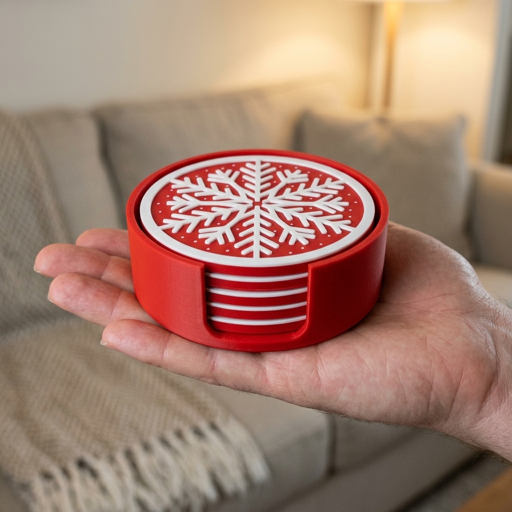 3D Printed Christmas Snowflake Coaster Set With Storage Holder, Holiday Drink Coasters For Home Table Decor photo 5