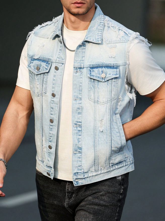 Light Blue Denim Vest Men Frayed Ripped Sleeveless Jean Jacket Ready To Ship From US photo 2