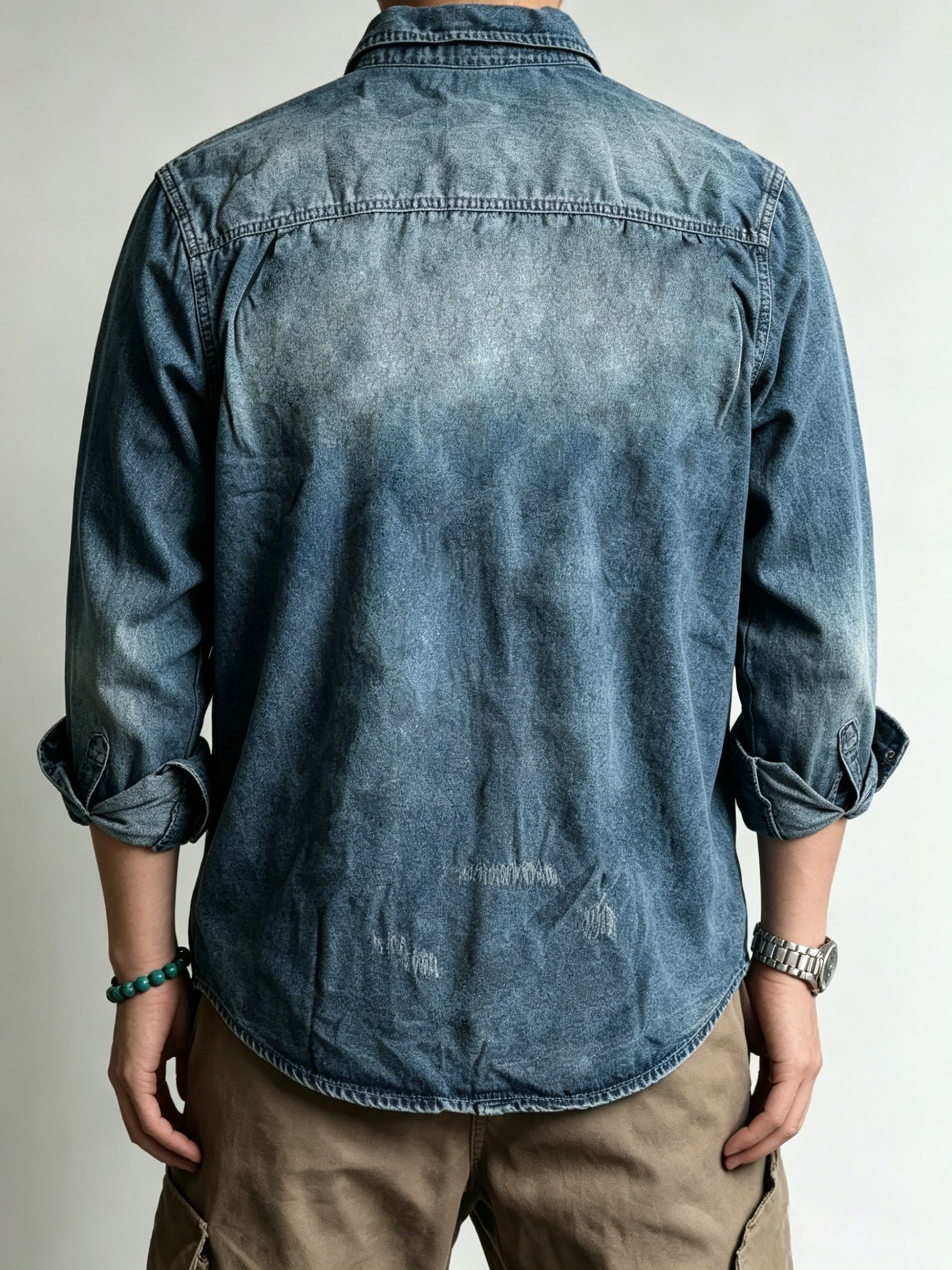 Vintage Western Denim Shirt Men Distressed Long Sleeve Washed Jean Shirt US Warehouse Stock photo 3
