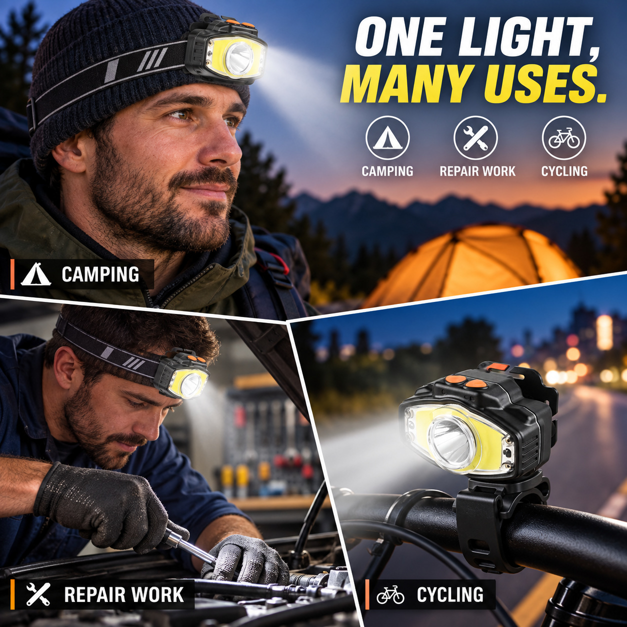 W663 3 Hands Free COB LED Headlamp 10W 4000mAh Rechargeable Type C For Camping Hiking photo 5