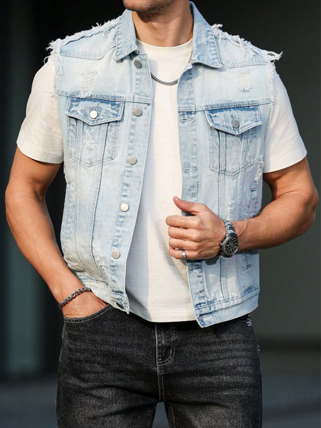 Light Blue Denim Vest Men Frayed Ripped Sleeveless Jean Jacket Ready To Ship From US photo 4