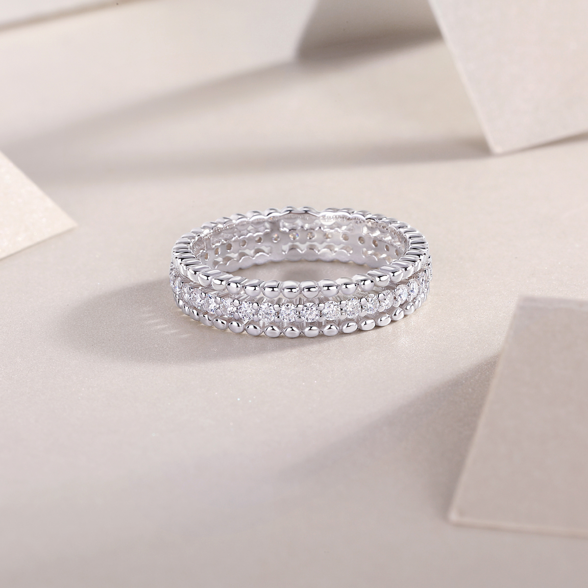 S925 Silver 2.4g Platinum Plated Moissanite Ring, 4.3mm Beaded & Pave Band, D VVS1 GRA US 5-9 photo 6