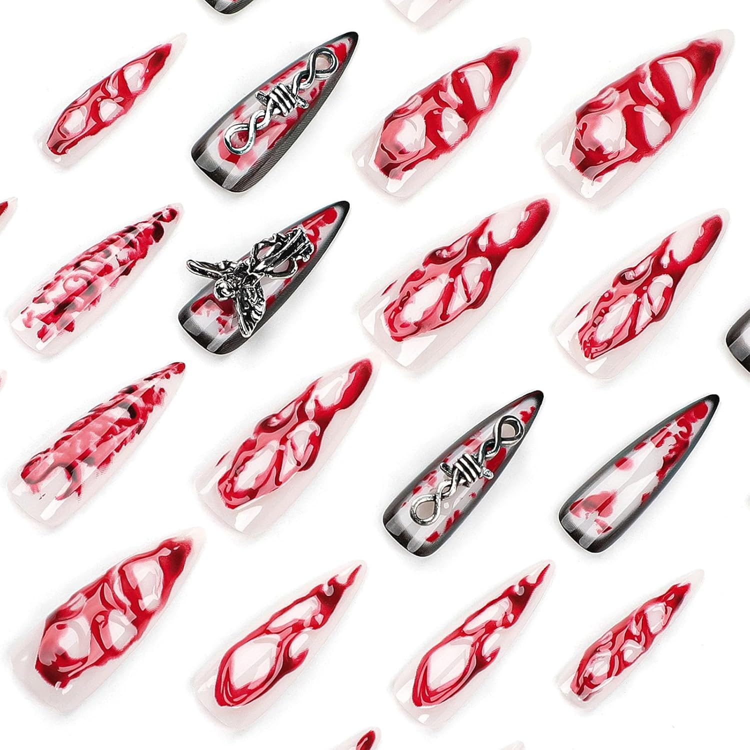 24Pcs Extra Long Teardrop Press On Nails, 3D Blood Red Terror Angel Design Fake Nails, Halloween Gothic Scary Wearable Nail Art For Women photo 5