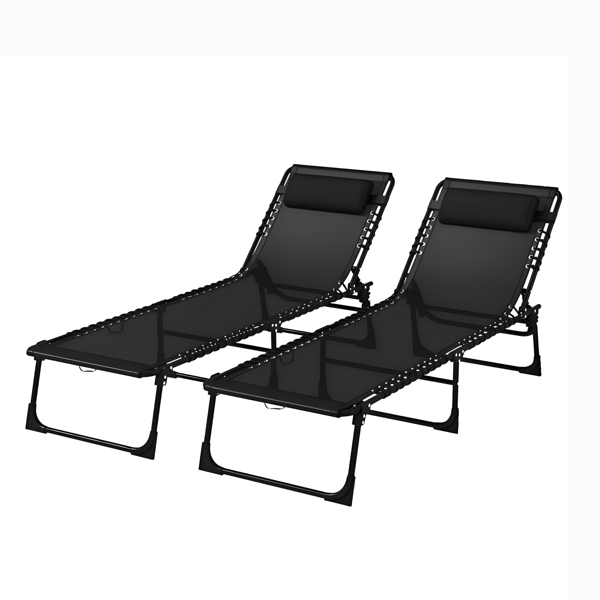 Black 2 Folding Chaise Lounge Pool Chairs For Poolside Tanning, Pillow, Breathable Mesh photo 5