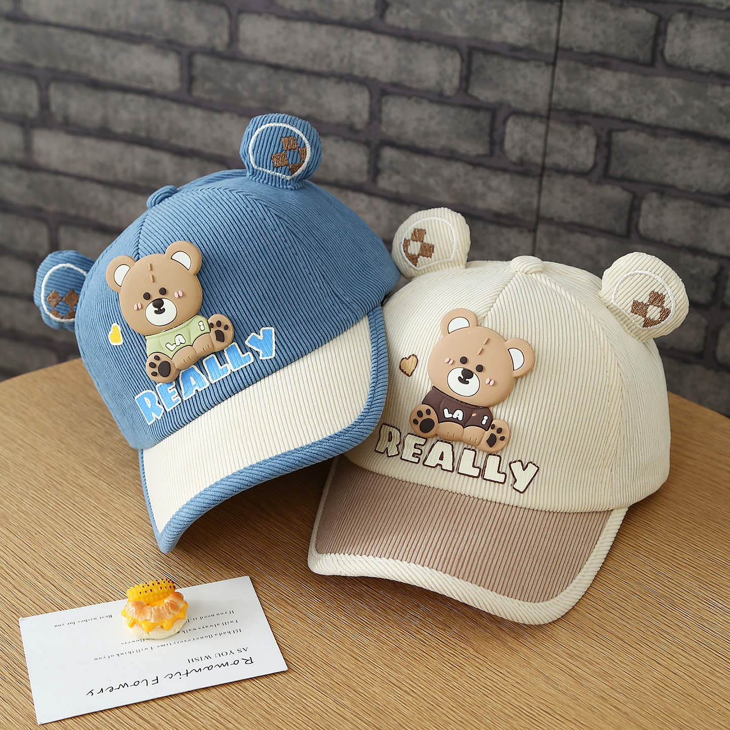 New Children's REALLY Little Bear Corduroy Multi-color Cute Ear Baseball Cap With Adjustable Strap For Daily Outings photo 2