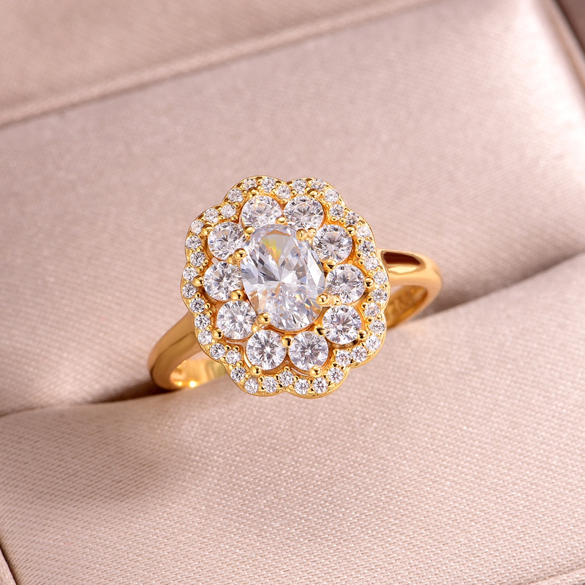 S925 Silver Gold Plated 5x7mm Oval Moissanite Ring Double Floral Halo D Color VVS1 US Size 6-9 GRA Certified Gift Box photo 2