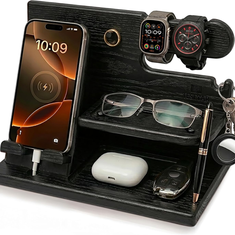 TESLYAR Wood Phone Docking Station For Men - Desk Or Nightstand Organizer - Birthday Gifts For Husband, Dad - Anniversary Idea From Wife - Key Holder, Stand Wallet, Watch, Essentials photo 7