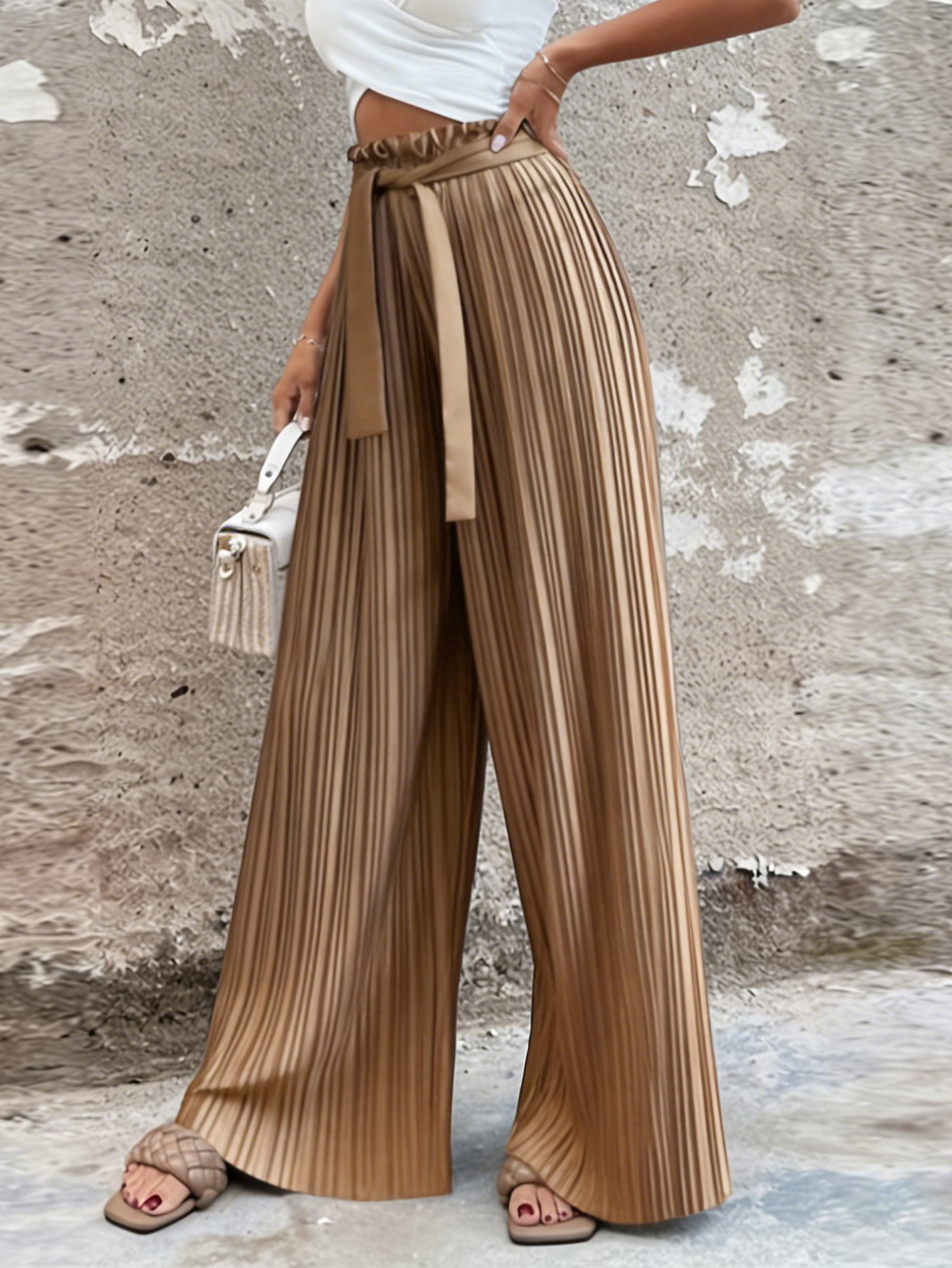 Women's Khaki Pleated Wide Leg Pants - High Waist Sash Belt Paperbag Palazzo Trousers photo 4
