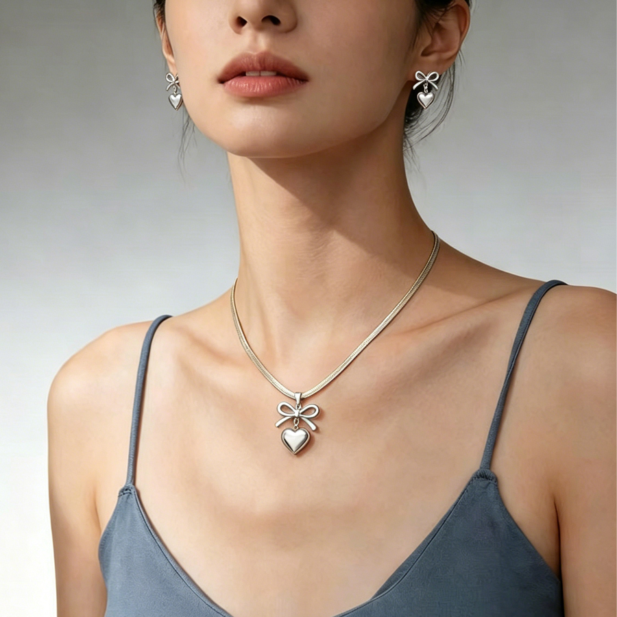 Women Bowknot 3D Puffy Heart Jewelry Set Snake Chain Necklace & Stud Earrings 2Pcs Gold Silver Tone Stainless Steel Romantic Valentine Gift Jewelry photo 4