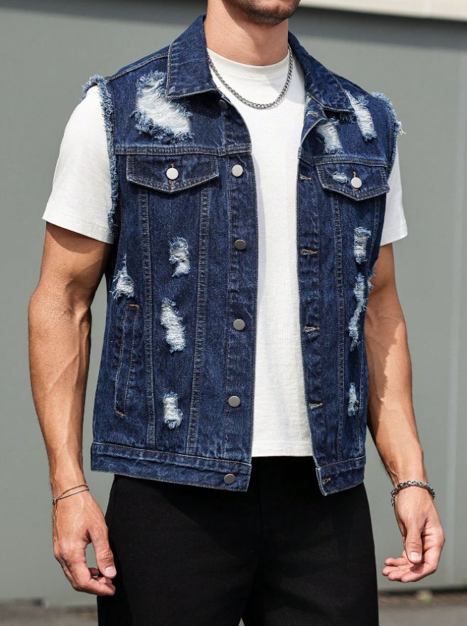 Ripped Denim Vest Men Dark Blue Distressed Sleeveless Jean Jacket Vintage Ships From US photo 1