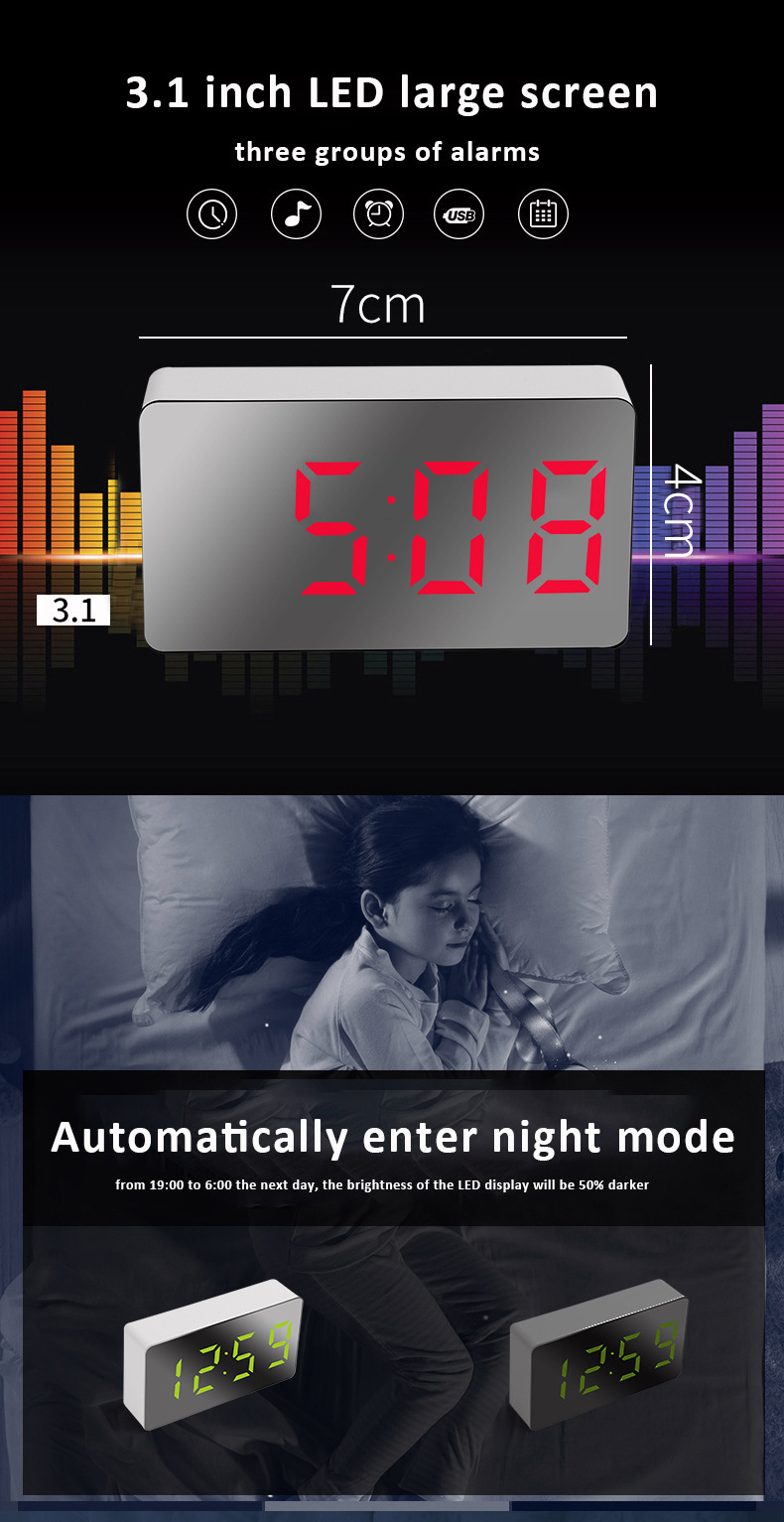 Mini LED Plug-in Clock, Bedroom Electronic Digital Alarm Clock, Car Clock, Multi-color Font Portable Silent Mirror Clock photo 4