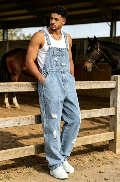 Light Wash Mens Denim Overalls Distressed Baggy Loose Fit Bib Dungarees Vintage Streetwear US Ready Stock photo 6