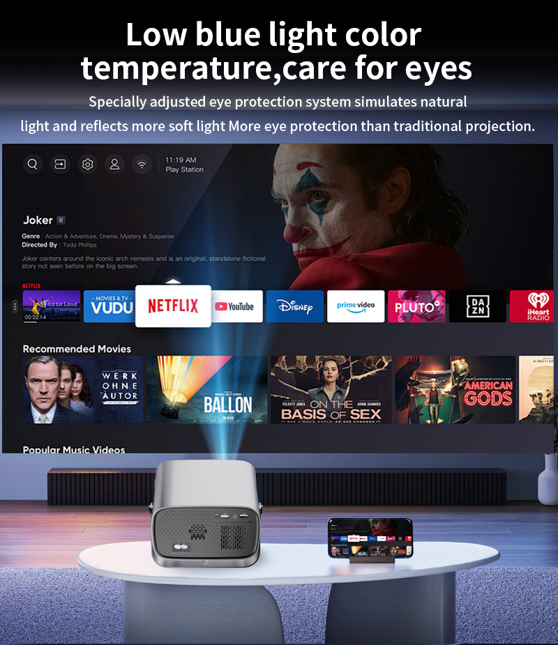 A10 Portable Smart Projector, Native 720P Support 4K Decoding, Android 14 System Auto Focus Auto Keystone Correction, Dual Band WiFi6 Bluetooth 5.4 Home Theater Projector With Rotatable Stand For Home photo 4