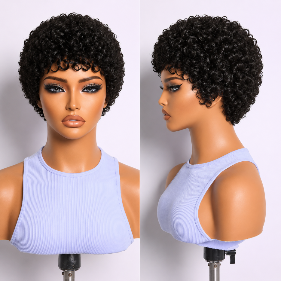 Pixie-style Human Hair Wig, Natural Color, Jerry Curly Texture, 4-inch Length. photo 5