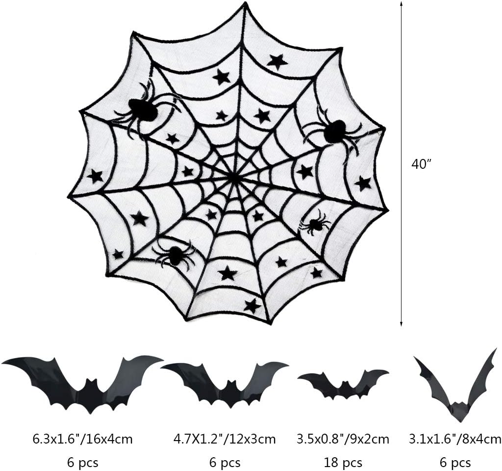 Halloween Spiderweb Tablecloth Runner 5 Units, Black Lace Cobweb Table Cover With 36 3D Bats For Party Mantel Decor photo 5