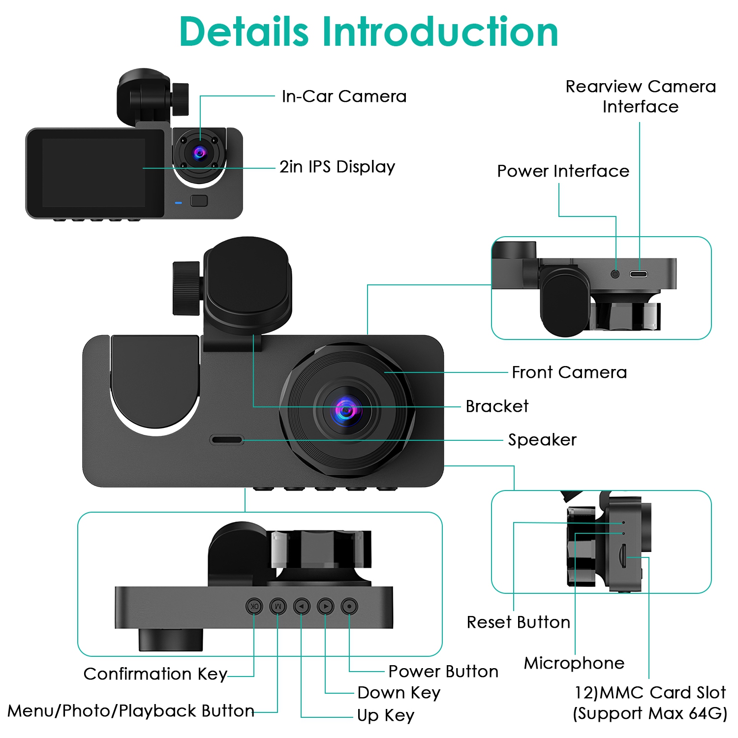 3 Channel Dash Cam Front Inside Rear Vehicle Driving Recorder Car DVR With 32G MMC Card G Sensor Motion Detection Parking Monitor Loop Recording photo 7