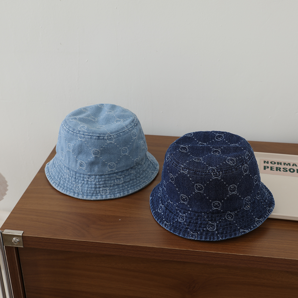 Retro Washed Baby Denim Fisherman Hat With Full Pattern Of Diamond-shaped Jacquard And A Small Bear On The Brim photo 4
