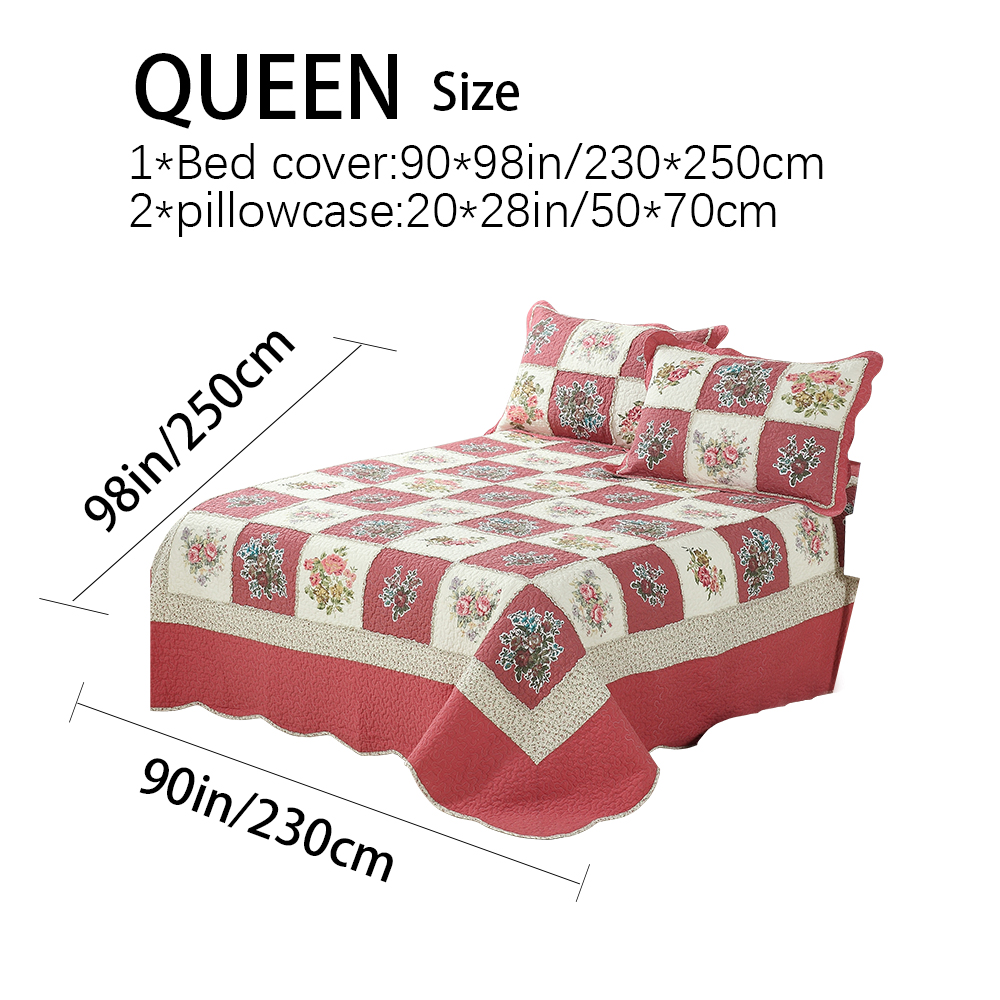 3-Piece Vintage Floral Patchwork Quilted Bedspread Set  Red Beige Rose Grid Scalloped Edge Cotton Filled Quilting Technology Reversible Coverlet Skin-Friendly No Shrinkage Non-Slip Anti-Wrinkle photo 7