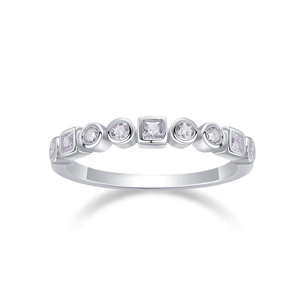 S925 Silver 2.0g Platinum Plated Moissanite Ring, Alternating Round & Square Bezel Set Half Eternity Band, GRA Certified US 5-9 photo 4