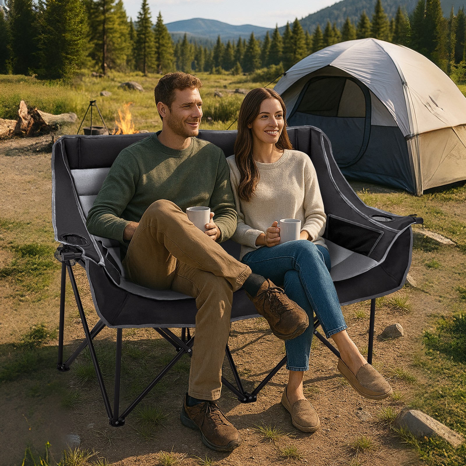 Double Camping Chair, Folding 2 Person Camping Chair Loveseat With Cup Holder photo 3
