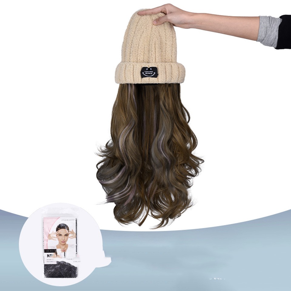 Autumn And Winter Fashion Beige Knit  Pick Dye Gradient Long Curly Hair Hundred Take Wig Hat photo 4