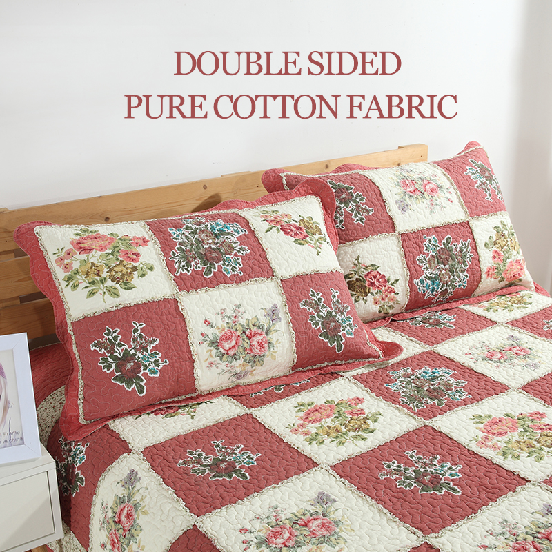 3-Piece Vintage Floral Patchwork Quilted Bedspread Set  Red Beige Rose Grid Scalloped Edge Cotton Filled Quilting Technology Reversible Coverlet Skin-Friendly No Shrinkage Non-Slip Anti-Wrinkle photo 4
