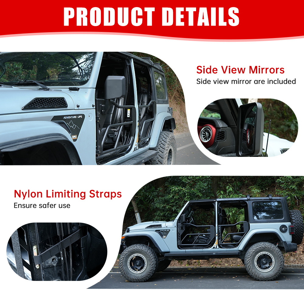 Tube Doors With Side View Mirror For 2018-2025 Je Ep Wrangler JL JLU And Gladiator JT 4-Doors - Includes 4XE 4-piece Set Off Road Summer Trail Adventure photo 3