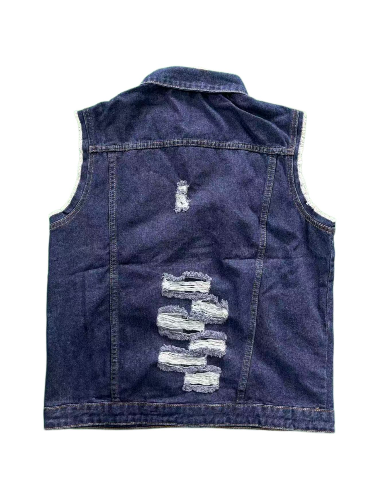 Ripped Denim Vest Men Dark Blue Distressed Sleeveless Jean Jacket Vintage Ships From US photo 8