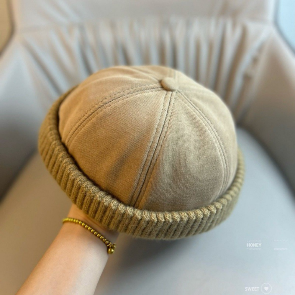 Patchwork Knitted Rolled-edge Vegetable-pulp Hat For Autumn And Winter, Made Of Cotton, With A Retro And Simple Design, Suitable For Workwear, Without A Brim, For A Lord-like Look photo 6