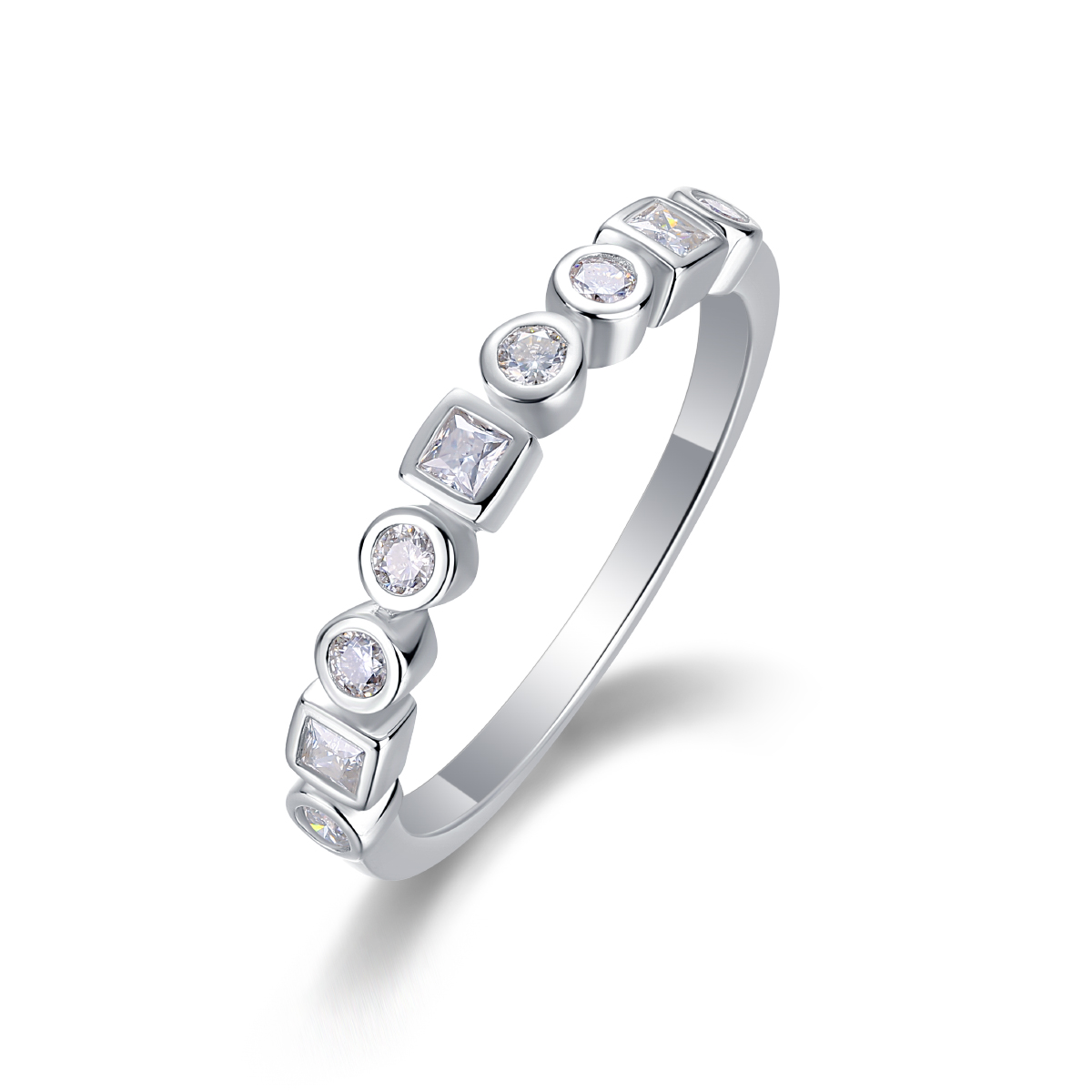 S925 Silver 2.0g Platinum Plated Moissanite Ring, Alternating Round & Square Bezel Set Half Eternity Band, GRA Certified US 5-9 photo 1