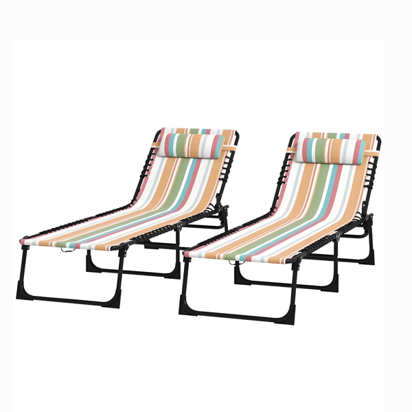 Striped 2 Folding Outdoor Lounge Chairs For Beach Camping Use, Pillow, Mesh & Bungee Seat photo 3