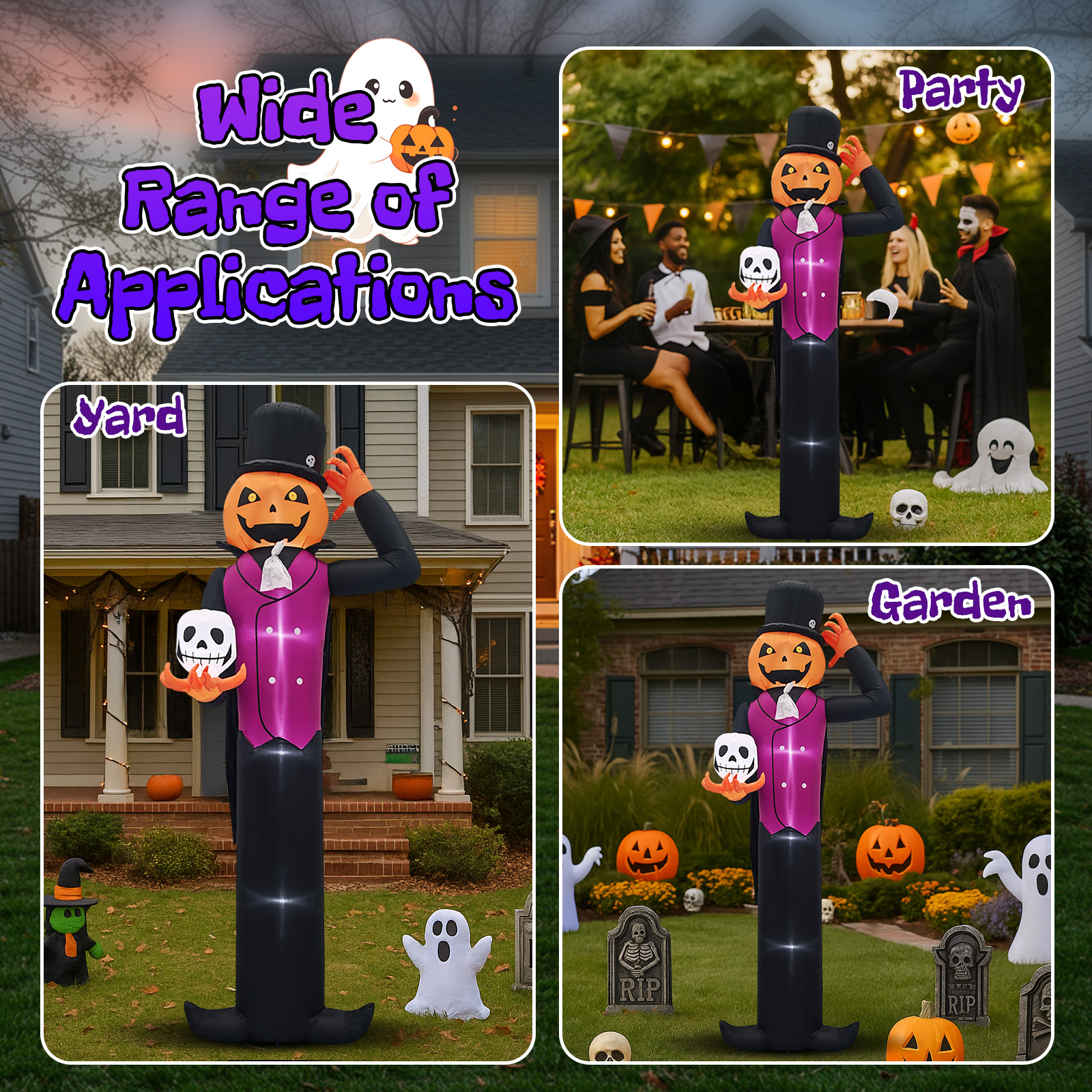 12ft Cape Pumpkin Man 5 White LED Lights Halloween Inflatable Decoration 12V photo 7