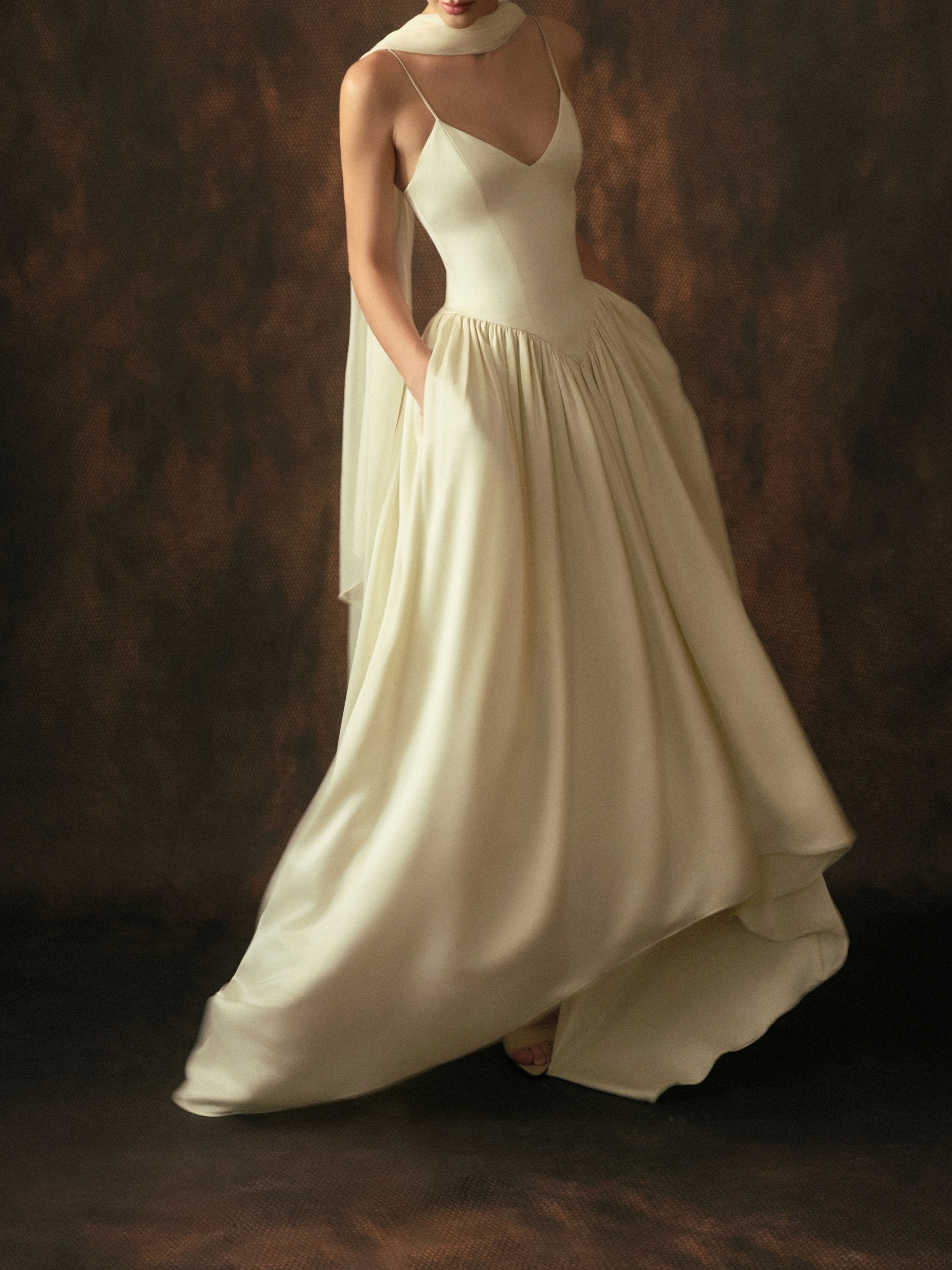 Satin Spaghetti Strap Wedding Evening Gown With Scarf photo 1
