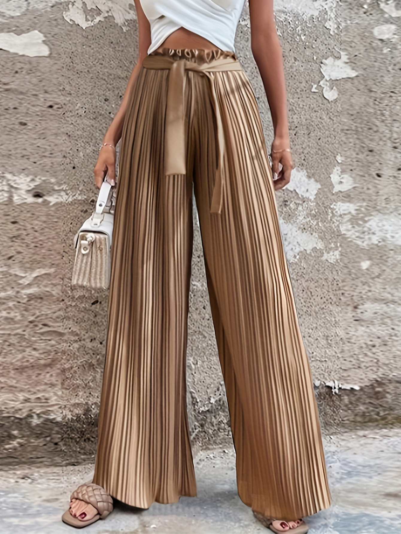 Women's Khaki Pleated Wide Leg Pants - High Waist Sash Belt Paperbag Palazzo Trousers photo 5