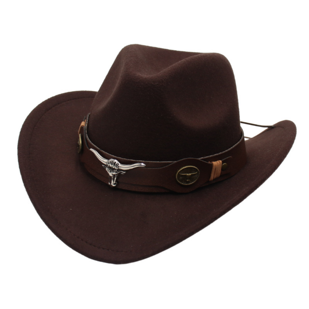 National Style Bull Head Decoration Western Cowboy Hat Retro Fashionable Belt Buckle Wide Brimmed Felt Hat For Outdoor Camping, Travel Photography, Outfit. Hat photo 1