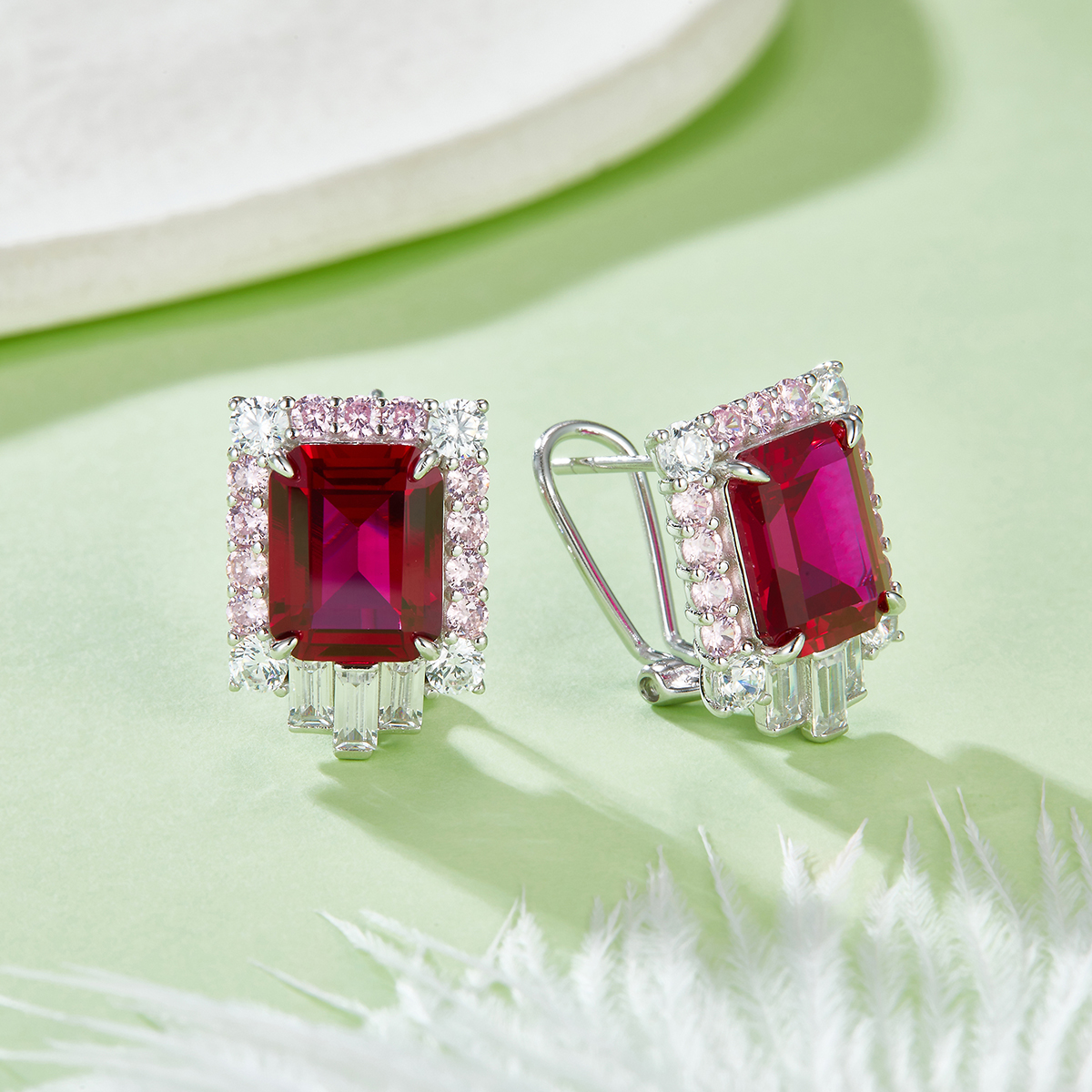 S925 Silver 6.5g 8ct Lab-Created Ruby Earrings, 10x8mm Emerald Cut, Pair photo 2
