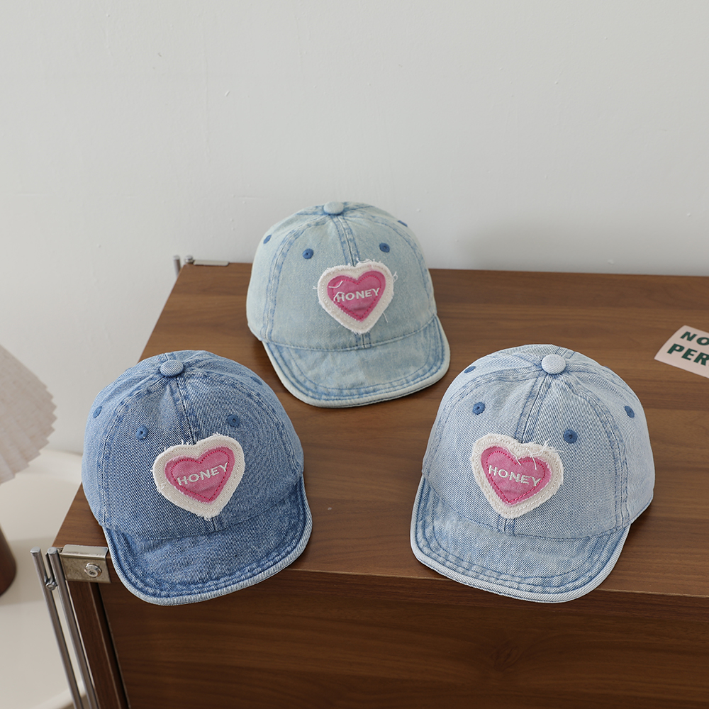 Retro Fashion Water-washed Denim Children's Baseball Cap With Heart Patch, Fringed Soft Brim, Casual And Versatile photo 1