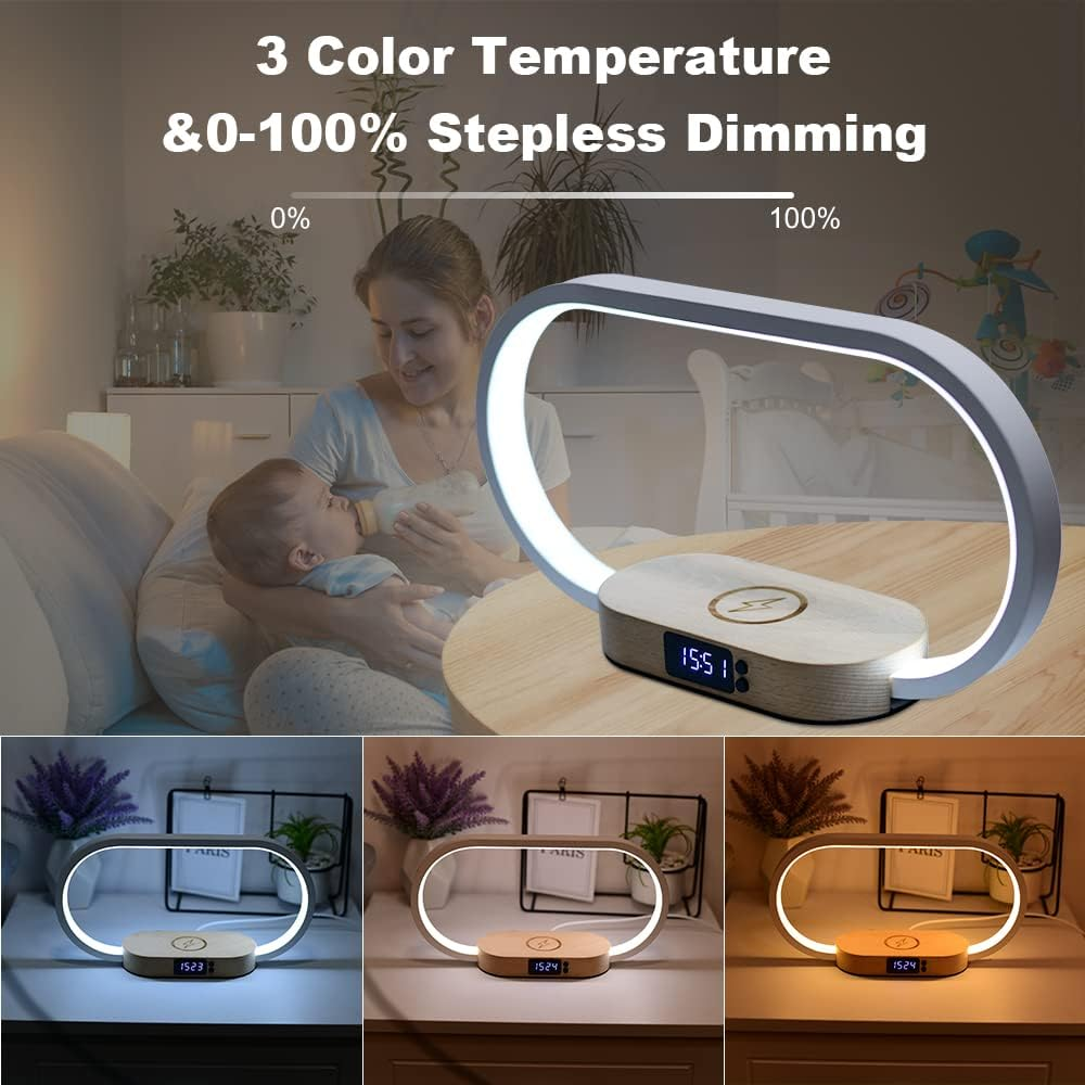 Donewin Bedside Lamp With Wireless Charger,Wooden Table Lamp With Charging Station,Touch Nightstand Lamp With Clock,3 Color Stepless Dimming Touch Lamp For Bedroom,Unique Gifts For Women photo 4