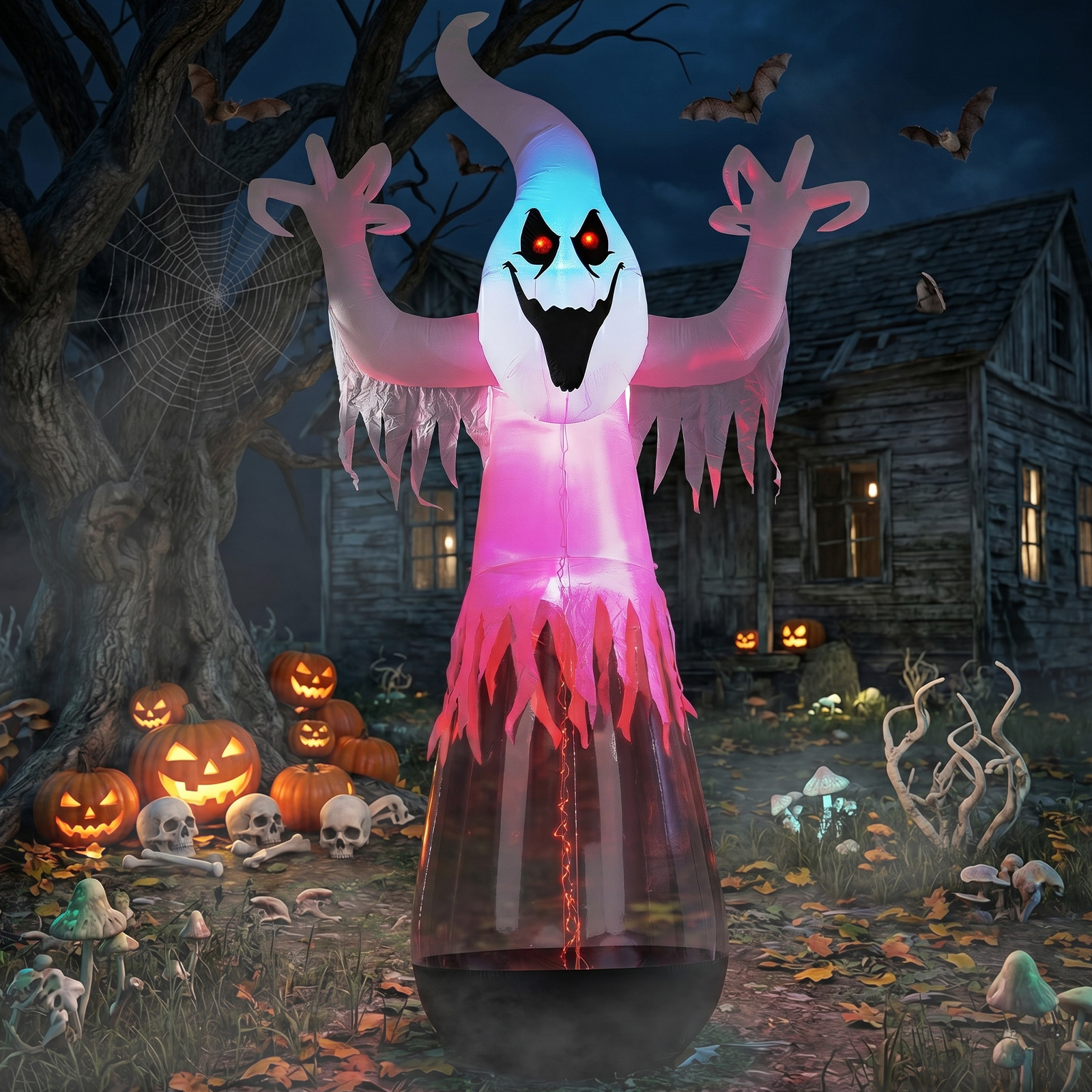 12ft Inflatable Halloween Decor Half-Body Clear PVC White Ghost With 2 LED Lights & 1 Stage Light,Black & White,12V 2000mA US Power Adapter photo 6