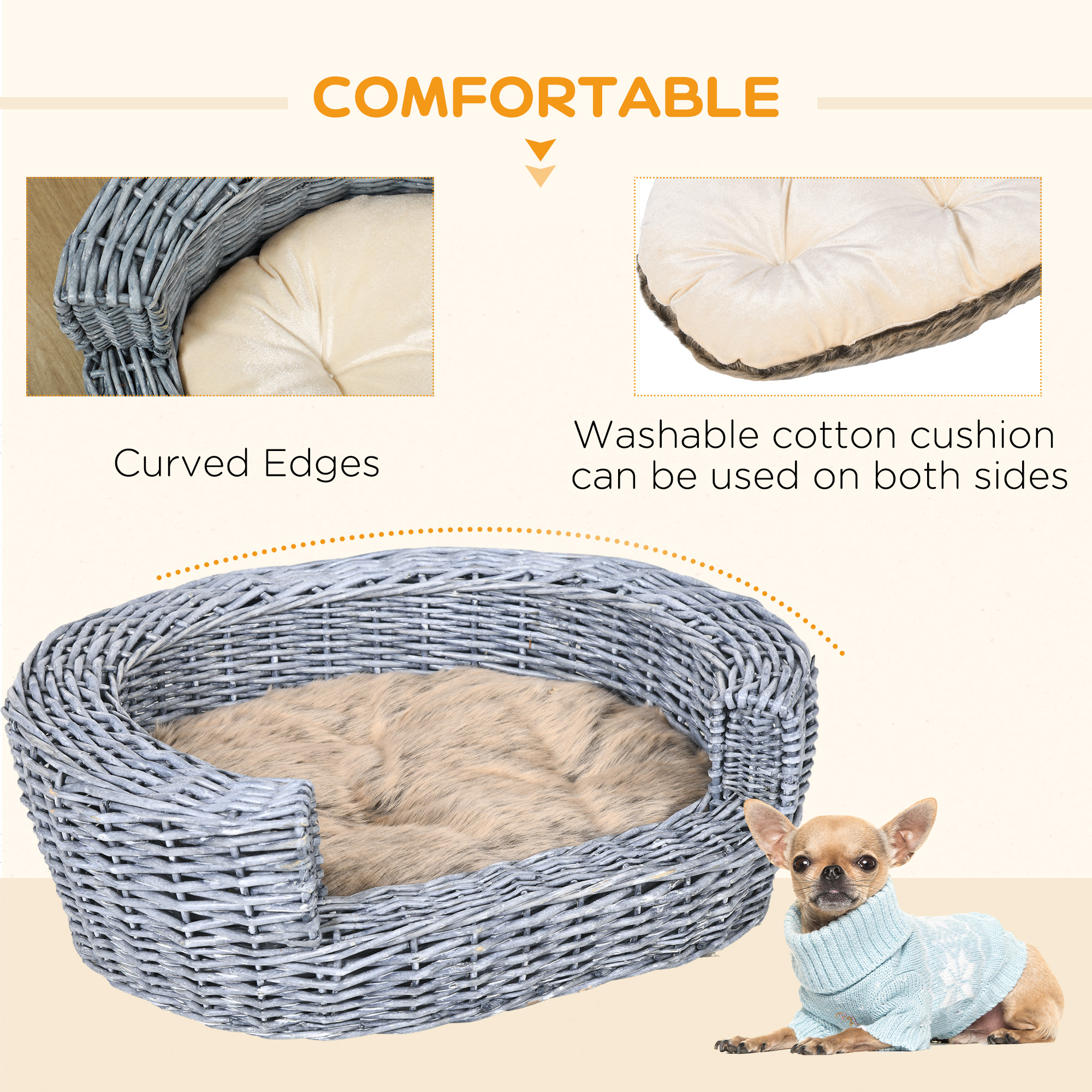 PawHut Wicker Pet Bed Willow Dog Cat Sofa Couch Puppy Basket With Cushion Grey 57L X 46W X 17.5H Cm photo 4