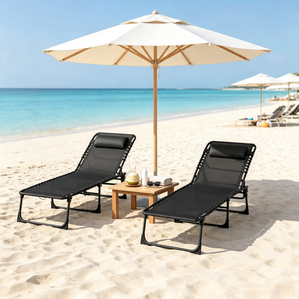 Black 2 Folding Chaise Lounge Pool Chairs For Poolside Tanning, Pillow, Breathable Mesh photo 2